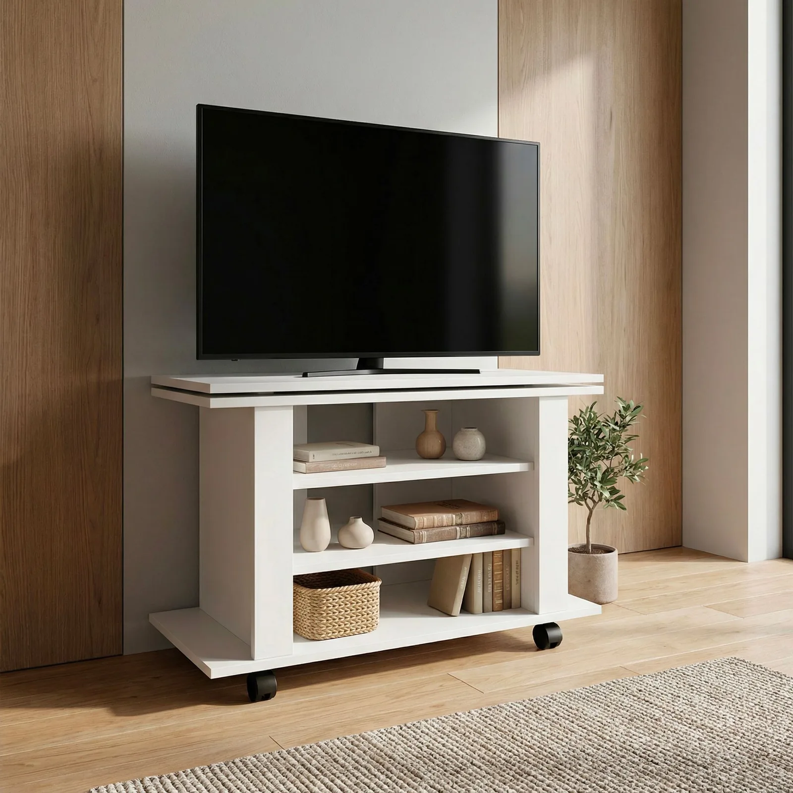 FineBuy TV Lowboard Weiß 78 cm – HiFi Bank mit drehbarer Oberplatte – Fernsehtisch auf Rollen – TV Möbel mit offenen Fächern – Medienboard Modern – Fernsehschrank