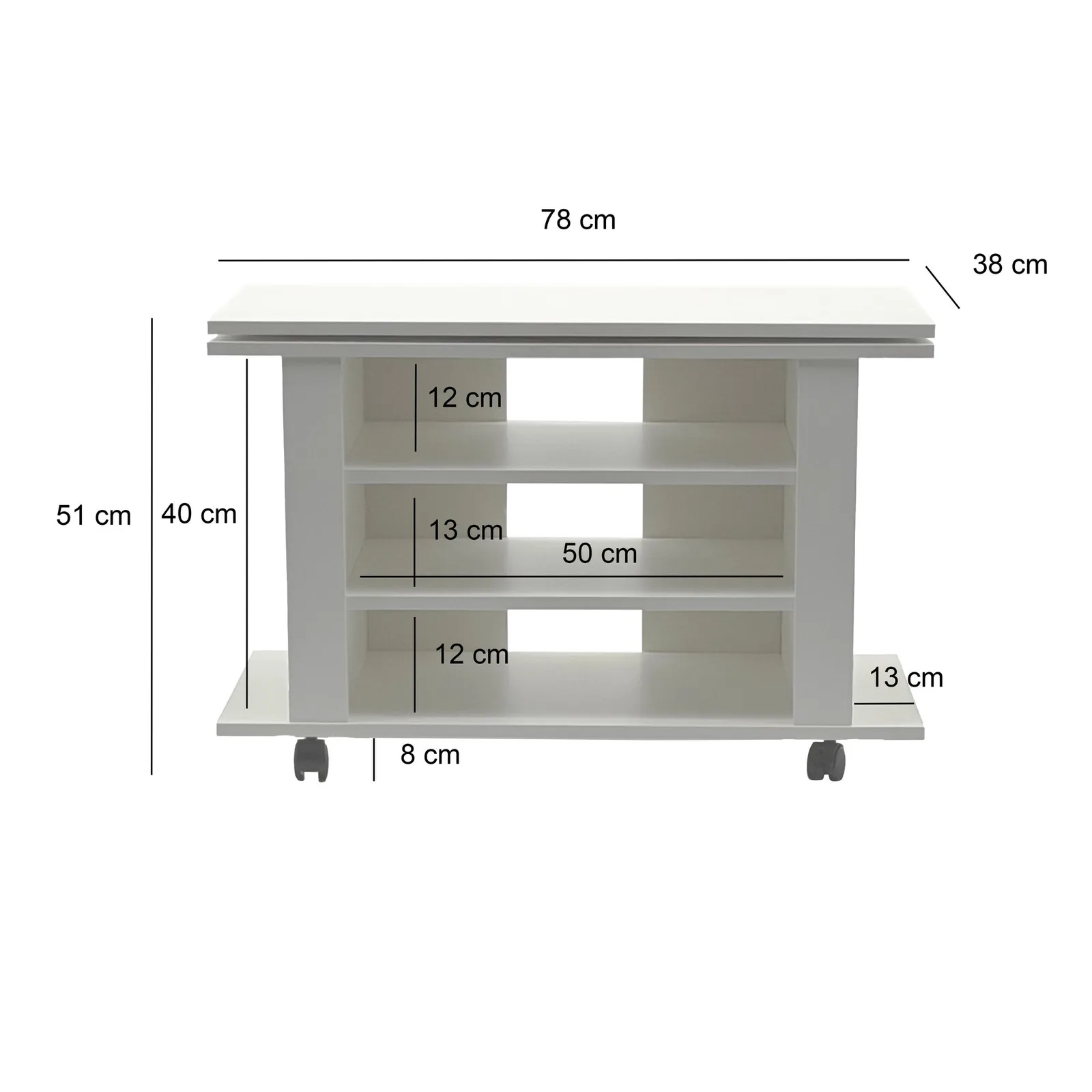 FineBuy TV Lowboard Weiß 78 cm – HiFi Bank mit drehbarer Oberplatte – Fernsehtisch auf Rollen – TV Möbel mit offenen Fächern – Medienboard Modern – Fernsehschrank
