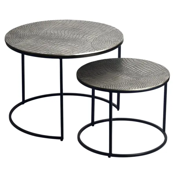 FineBuy Satztisch Metall 2er Set rund - Couchtisch Aluminium Tischplatten mit Muster - Beistelltisch Sofatisch Alu modern - Wohnzimmertisch Eisen Gestell Handmade