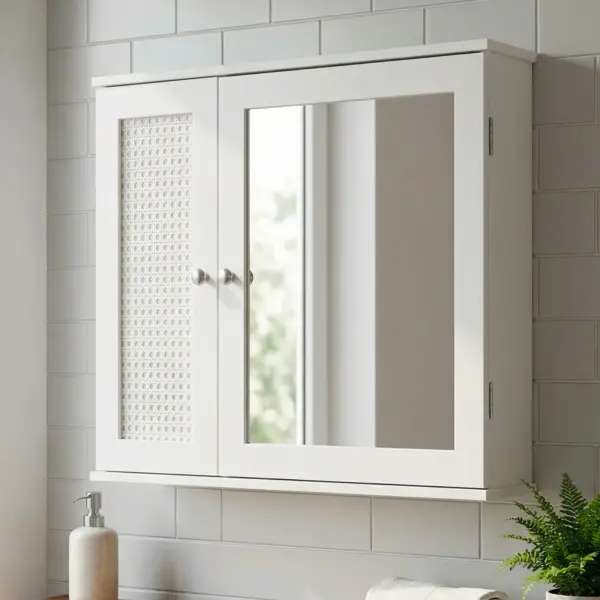 FineBuy Spiegelschrank Weiß 60cm - Wand Badschrank mit 1 Spiegeltür - Hängeschrank Bad Wandschrank im Rattan Aufbewahrungsschrank mit Tür Design Badezimmerspiegel