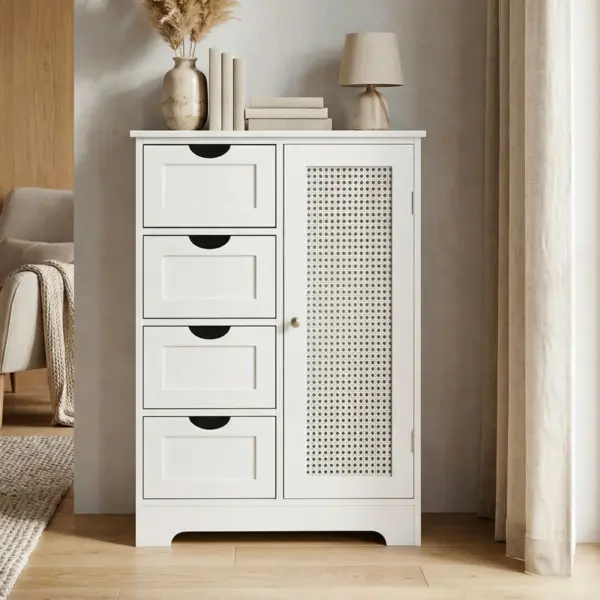 FineBuy schmaler Standschrank mit Schubladen und Tür 55x80 cm – Aufbewahrungsschrank aus MDF Weiß – Kommode mit Rattan Geflecht – Schrank für Flur und Wohnzimmer – Schubladenkommode modern