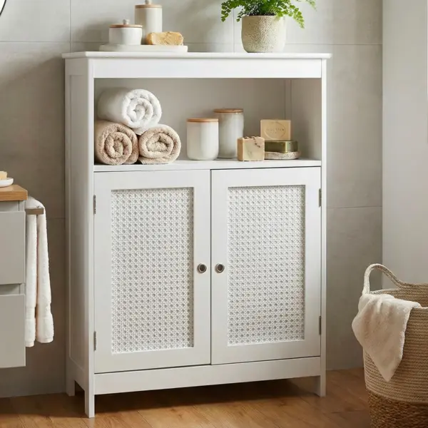 FineBuy Badschrank 80 x 60 x 28 cm Weiß - Schmaler Badezimmerschrank Türen & Ablage - Aufbewahrungsschrank Wiener Geflecht - Badezimmer Badregal Bad Badezimmerregal