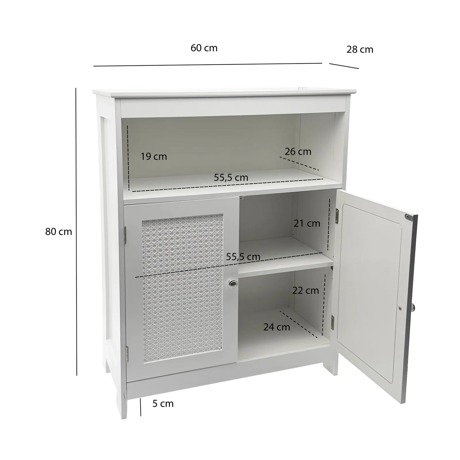 FineBuy Badschrank 80 x 60 x 28 cm Weiß - Schmaler Badezimmerschrank Türen & Ablage - Aufbewahrungsschrank Wiener Geflecht - Badezimmer Badregal Bad Badezimmerregal