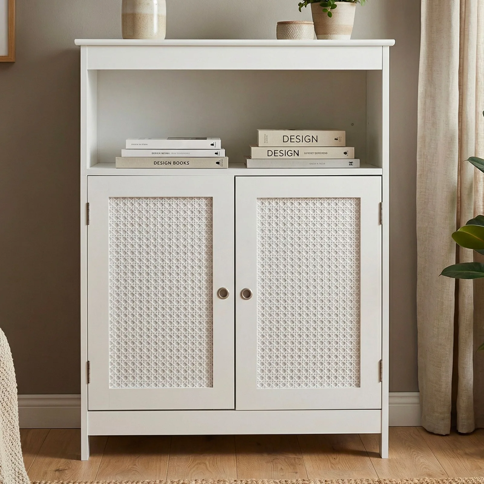 FineBuy Standregal Weiß 80cm – Stauraumregal 2 Schranktüren im Rattan Design & Ablage – schmales Wohnregal Flur & Wohnzimmer – Kleiner Schrank – Kommode Wiener Geflecht Beistellschrank