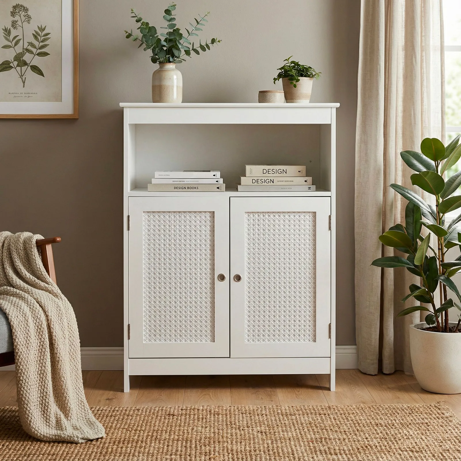FineBuy Standregal Weiß 80cm – Stauraumregal 2 Schranktüren im Rattan Design & Ablage – schmales Wohnregal Flur & Wohnzimmer – Kleiner Schrank – Kommode Wiener Geflecht Beistellschrank