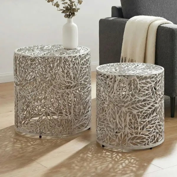 FineBuy Satztisch Aluminium 2er Set rund silber - Beistelltisch mit Blattmuster - Dekotisch Couchtisch Alu Design - Metalltisch modern - Wohnzimmertisch Set Handmade