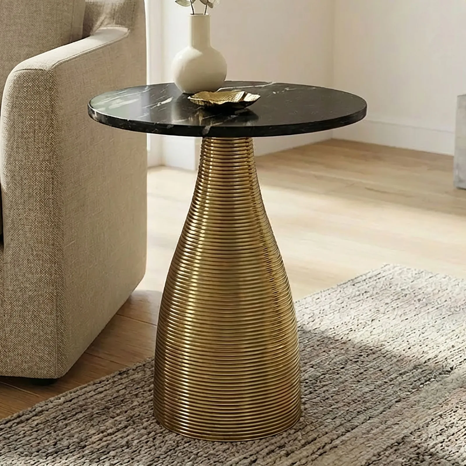 FineBuy Beistelltisch Rund 40cm Gold mit Massiver Marmorplatte - Wohnzimmertisch Naturstein Anstelltisch - Sofatisch Design Metall Couchtisch - Wohnzimmer Tisch Modern Handmade