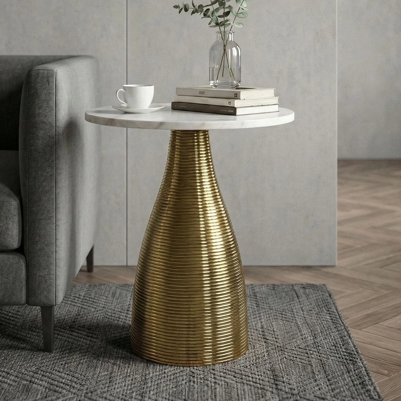 FineBuy Beistelltisch Rund 40cm Gold mit Massiver Marmorplatte - Wohnzimmertisch Naturstein Anstelltisch - Sofatisch Design Metall Couchtisch - Wohnzimmer Tisch Modern Handmade
