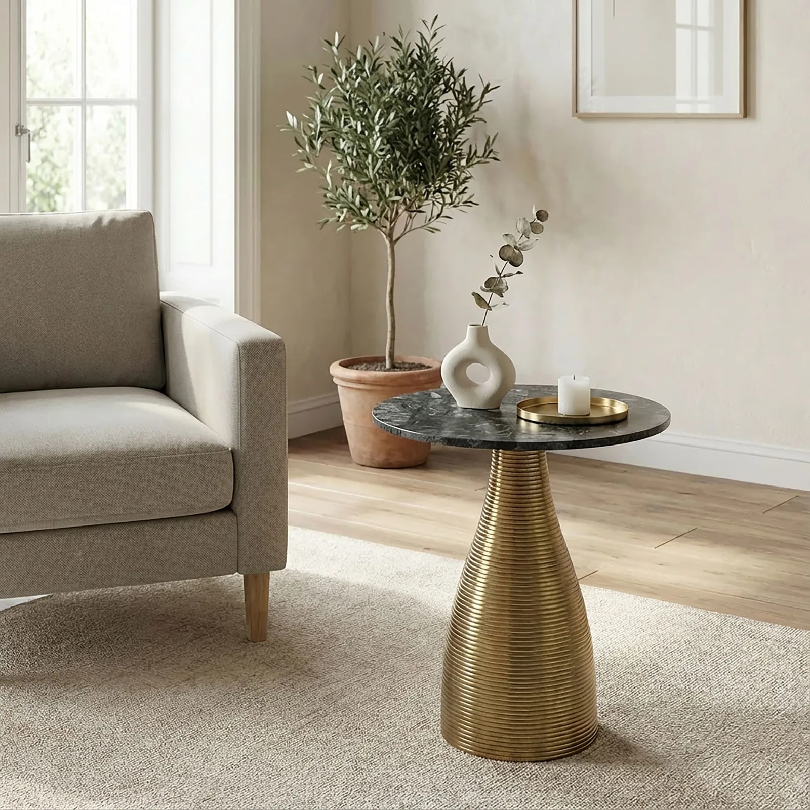 FineBuy Beistelltisch Rund 40cm Gold mit Massiver Marmorplatte - Wohnzimmertisch Naturstein Anstelltisch - Sofatisch Design Metall Couchtisch - Wohnzimmer Tisch Modern Handmade