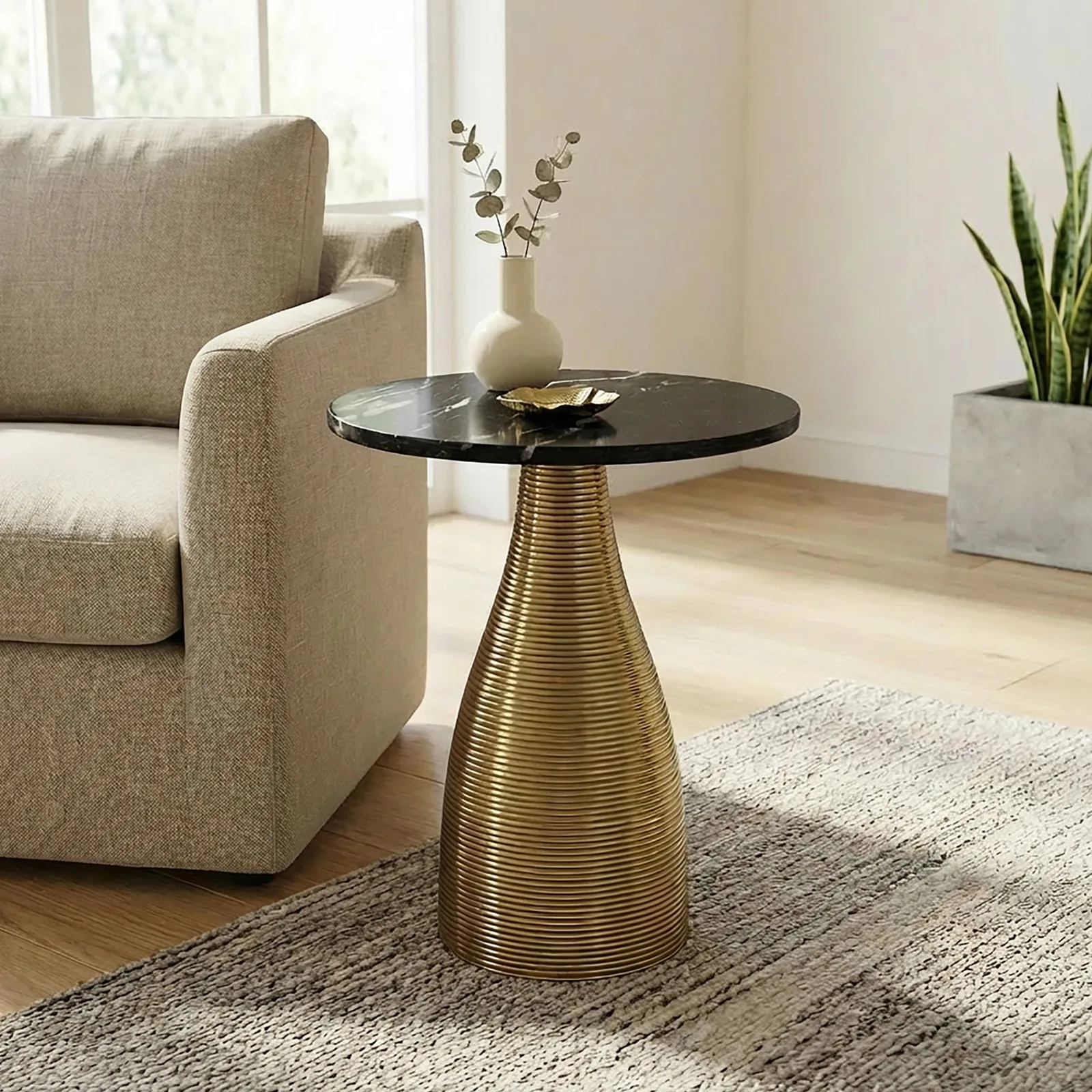 FineBuy Beistelltisch Rund 40cm Gold mit Massiver Marmorplatte - Wohnzimmertisch Naturstein Anstelltisch - Sofatisch Design Metall Couchtisch - Wohnzimmer Tisch Modern Handmade