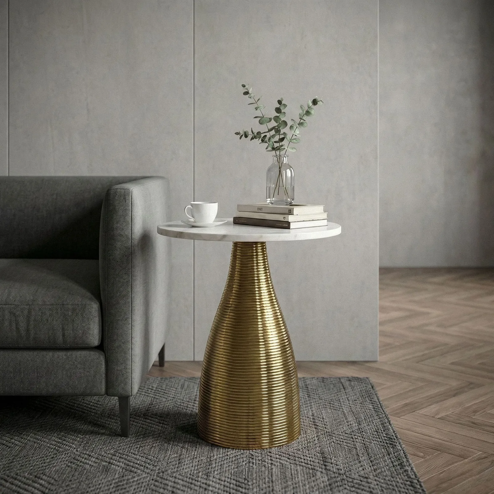FineBuy Beistelltisch Rund 40cm Gold mit Massiver Marmorplatte - Wohnzimmertisch Naturstein Anstelltisch - Sofatisch Design Metall Couchtisch - Wohnzimmer Tisch Modern Handmade