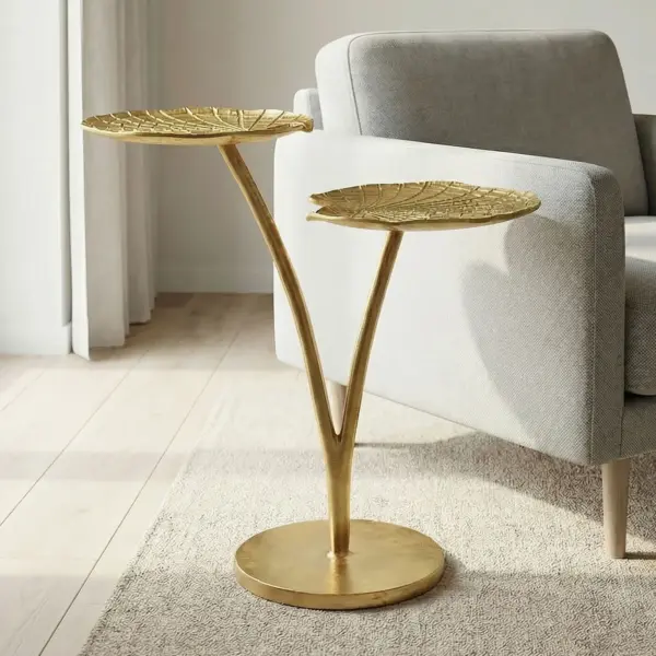 FineBuy Beistelltisch Seerosenblatt Gold 57cm Aluminium Tisch - Design Anstelltisch Alu Modern Rund - Wohnzimmertisch Metall - Metalltisch Dekotisch Couchtisch Handmade