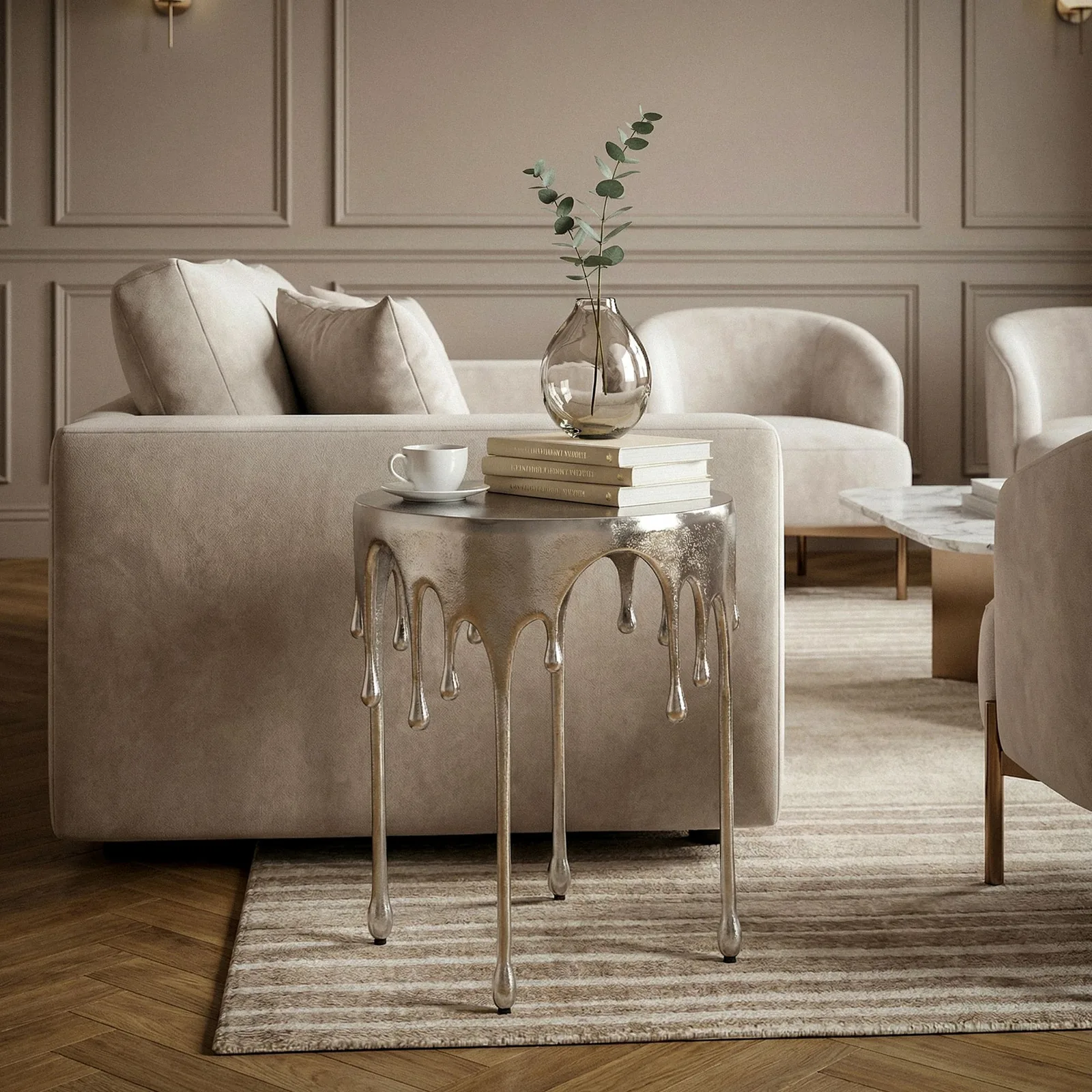 FineBuy Beistelltisch 43cm Aluminium Tisch Rund - Design Anstelltisch Alu Modern - Wohnzimmertisch Metall Tropfen - Metalltisch Dekotisch Couchtisch Handmade