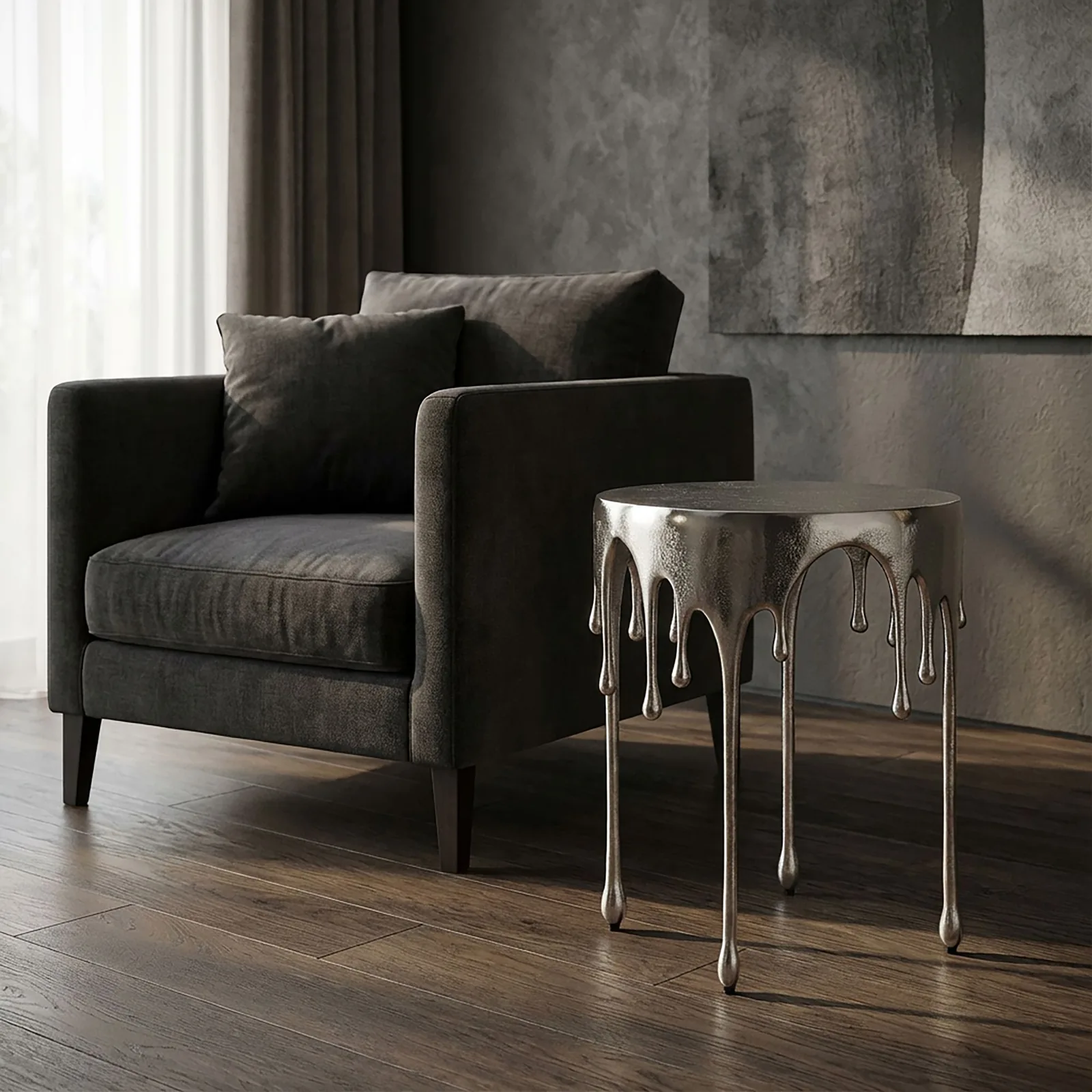 FineBuy Beistelltisch 43cm Aluminium Tisch Rund - Design Anstelltisch Alu Modern - Wohnzimmertisch Metall Tropfen - Metalltisch Dekotisch Couchtisch Handmade