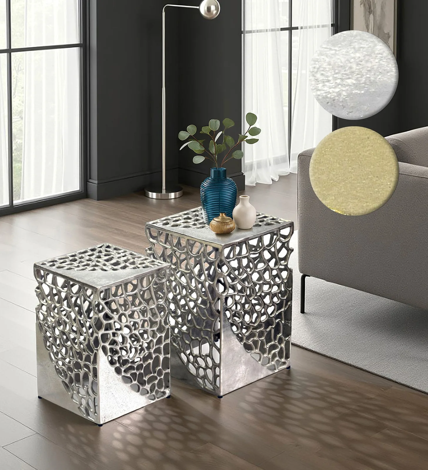 FineBuy 2er Set Beistelltisch Aluminium - Design Couchtisch Set - Metalltisch Wohnzimmertisch modern Alu - Sofatisch quadratisch Metall - Loungetisch Set Satztisch Handmade