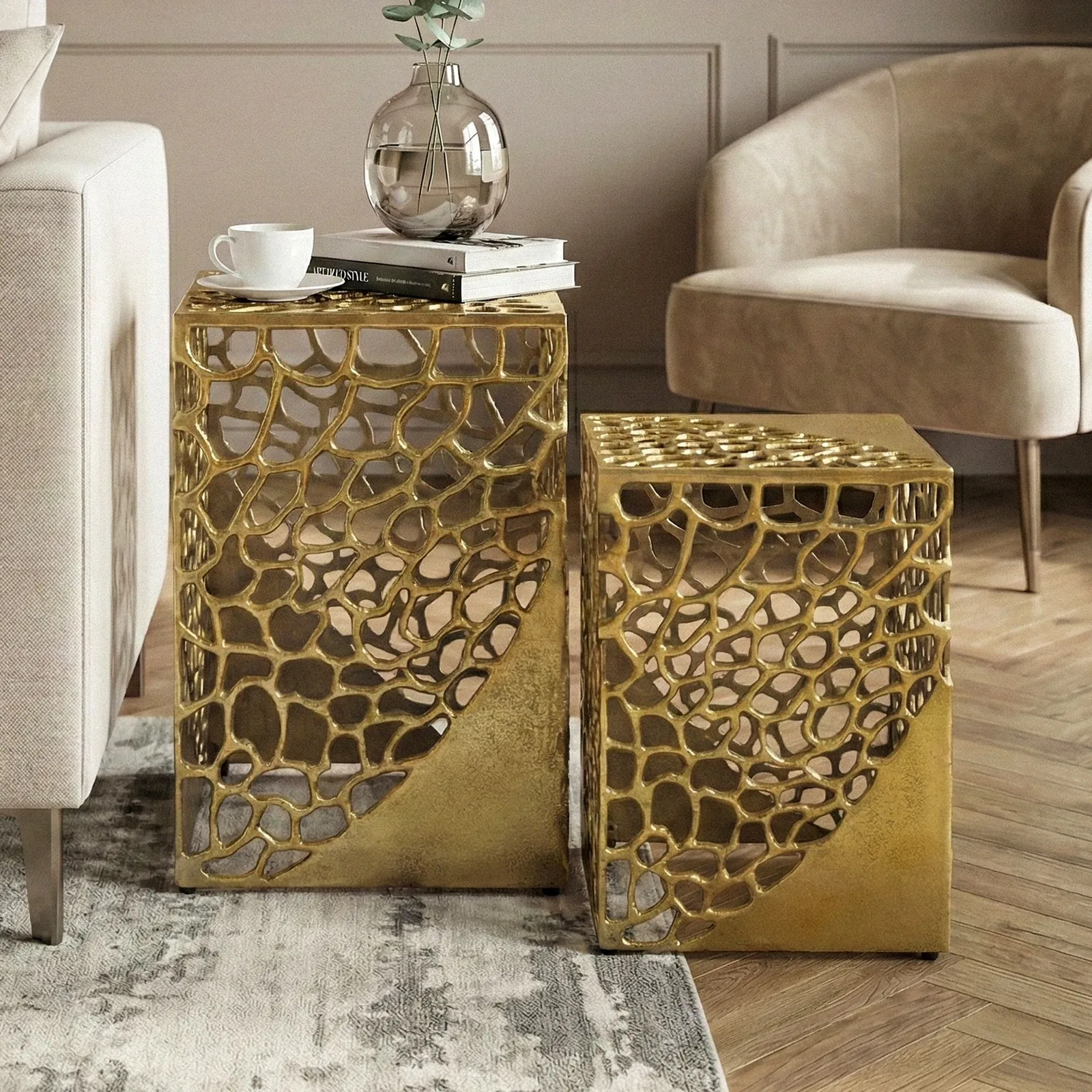 FineBuy 2er Set Beistelltisch Aluminium - Design Couchtisch Set - Metalltisch Wohnzimmertisch modern Alu - Sofatisch quadratisch Metall - Loungetisch Set Satztisch Handmade
