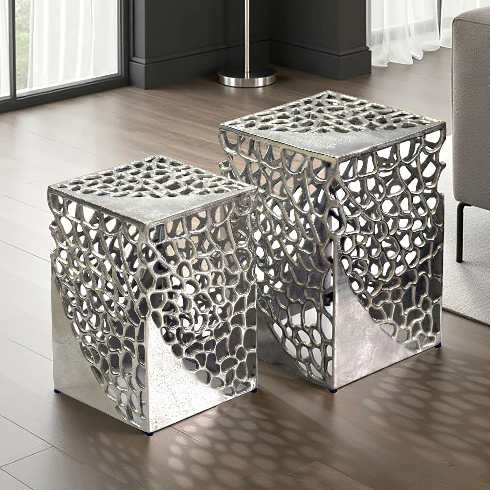 FineBuy 2er Set Beistelltisch Aluminium - Design Couchtisch Set - Metalltisch Wohnzimmertisch modern Alu - Sofatisch quadratisch Metall - Loungetisch Set Satztisch Handmade