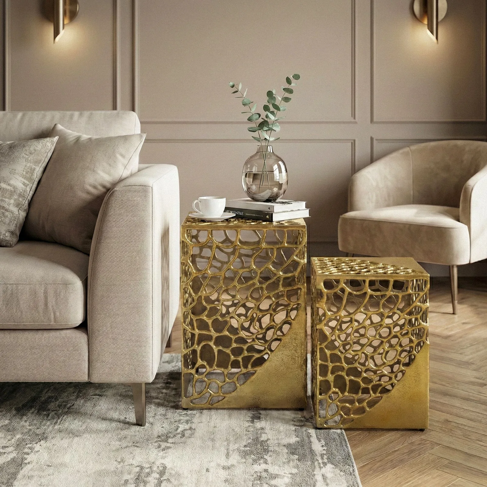 FineBuy 2er Set Beistelltisch Aluminium - Design Couchtisch Set - Metalltisch Wohnzimmertisch modern Alu - Sofatisch quadratisch Metall - Loungetisch Set Satztisch Handmade