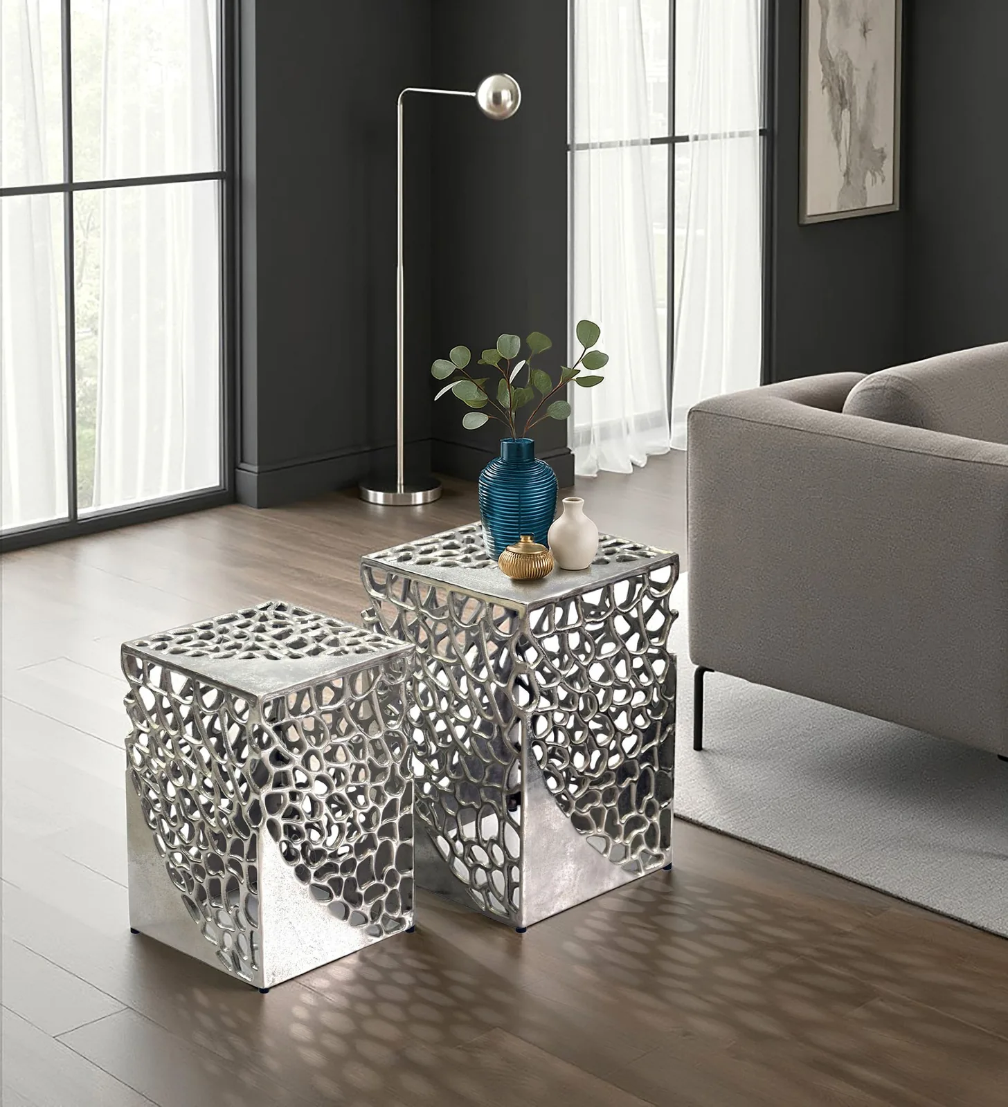 FineBuy 2er Set Beistelltisch Aluminium - Design Couchtisch Set - Metalltisch Wohnzimmertisch modern Alu - Sofatisch quadratisch Metall - Loungetisch Set Satztisch Handmade