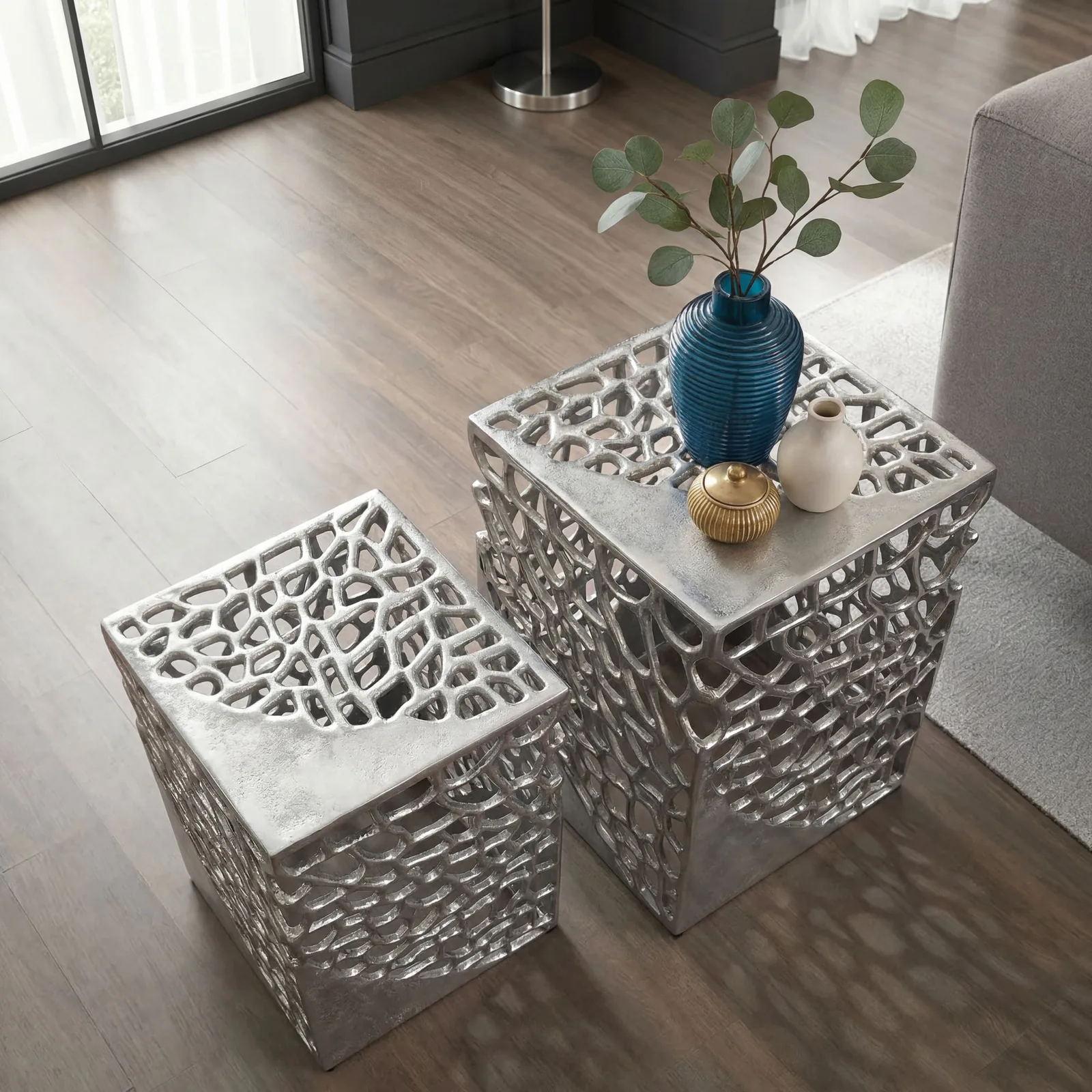 FineBuy 2er Set Beistelltisch Aluminium - Design Couchtisch Set - Metalltisch Wohnzimmertisch modern Alu - Sofatisch quadratisch Metall - Loungetisch Set Satztisch Handmade
