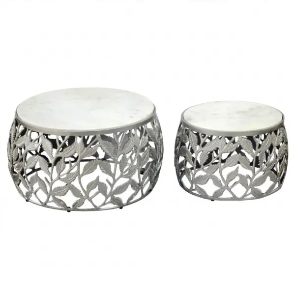 FineBuy 2er Set Couchtisch mit weißer Marmor Tischplatte - Wohnzimmer Tisch Satztisch rund - Beistelltisch Alu modern - Sofatisch Set Aluminium Metallgestell Design Handmade