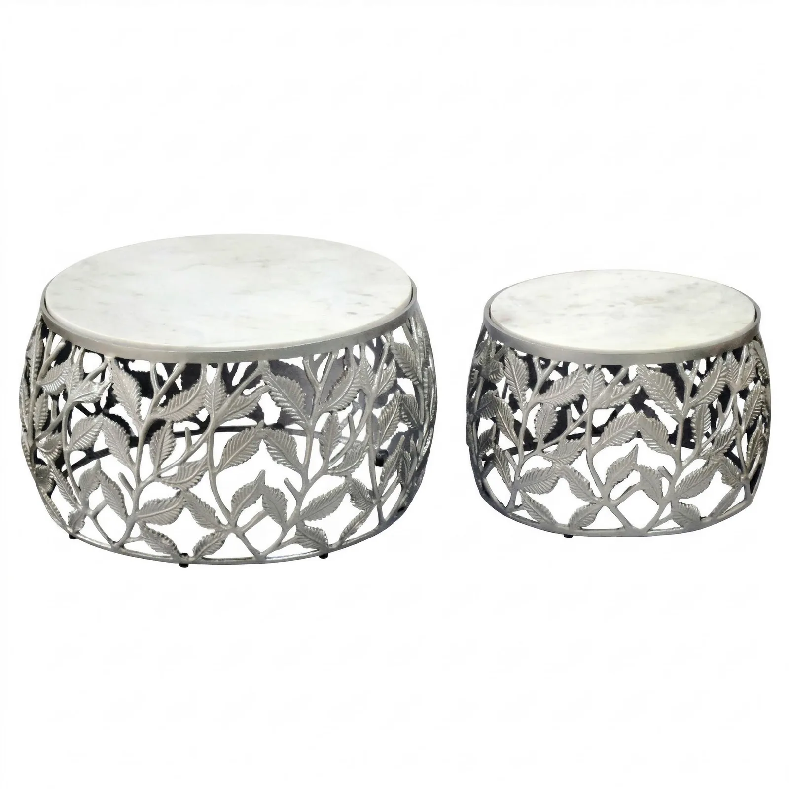 FineBuy 2er Set Couchtisch mit weißer Marmor Tischplatte - Wohnzimmer Tisch Satztisch rund - Beistelltisch Alu modern - Sofatisch Set Aluminium Metallgestell Design Handmade