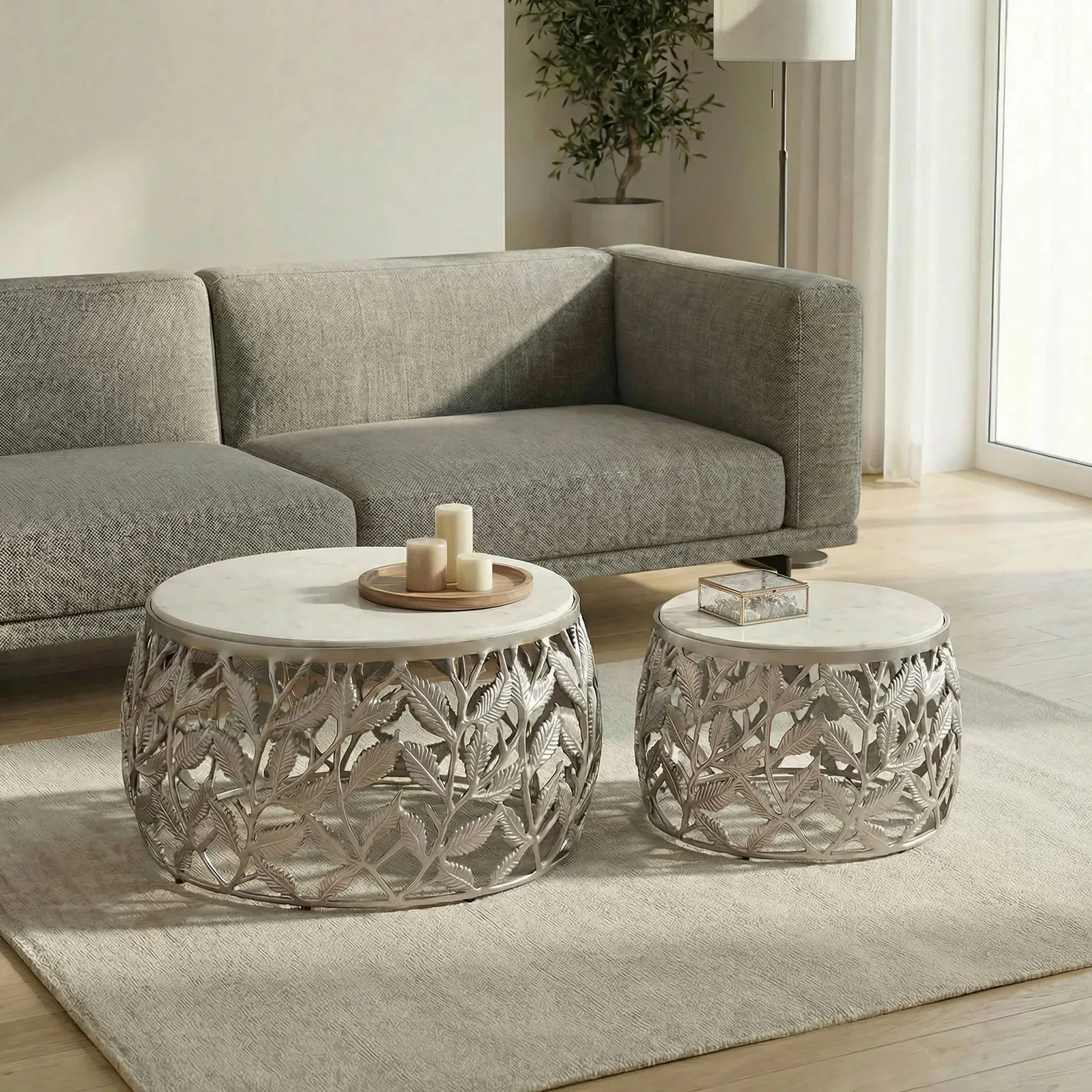 FineBuy 2er Set Couchtisch mit weißer Marmor Tischplatte - Wohnzimmer Tisch Satztisch rund - Beistelltisch Alu modern - Sofatisch Set Aluminium Metallgestell Design Handmade