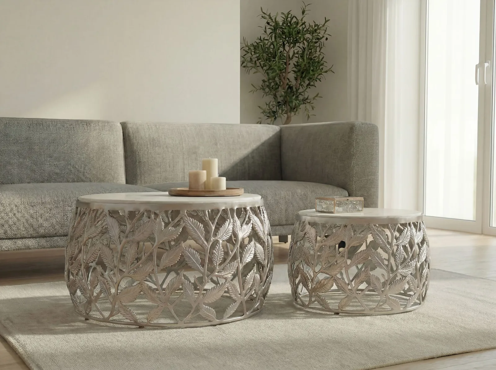 FineBuy 2er Set Couchtisch mit weißer Marmor Tischplatte - Wohnzimmer Tisch Satztisch rund - Beistelltisch Alu modern - Sofatisch Set Aluminium Metallgestell Design Handmade
