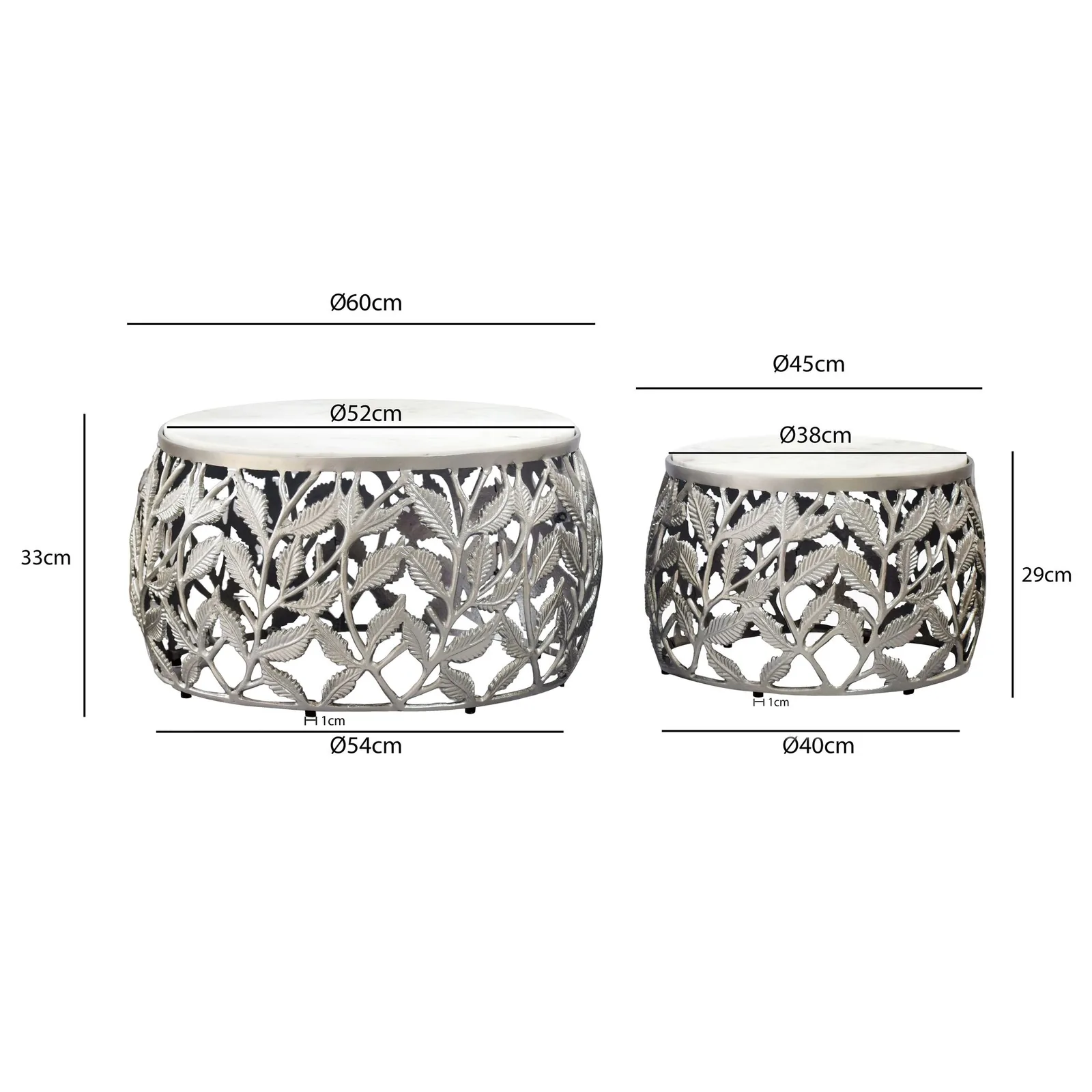 FineBuy 2er Set Couchtisch mit weißer Marmor Tischplatte - Wohnzimmer Tisch Satztisch rund - Beistelltisch Alu modern - Sofatisch Set Aluminium Metallgestell Design Handmade