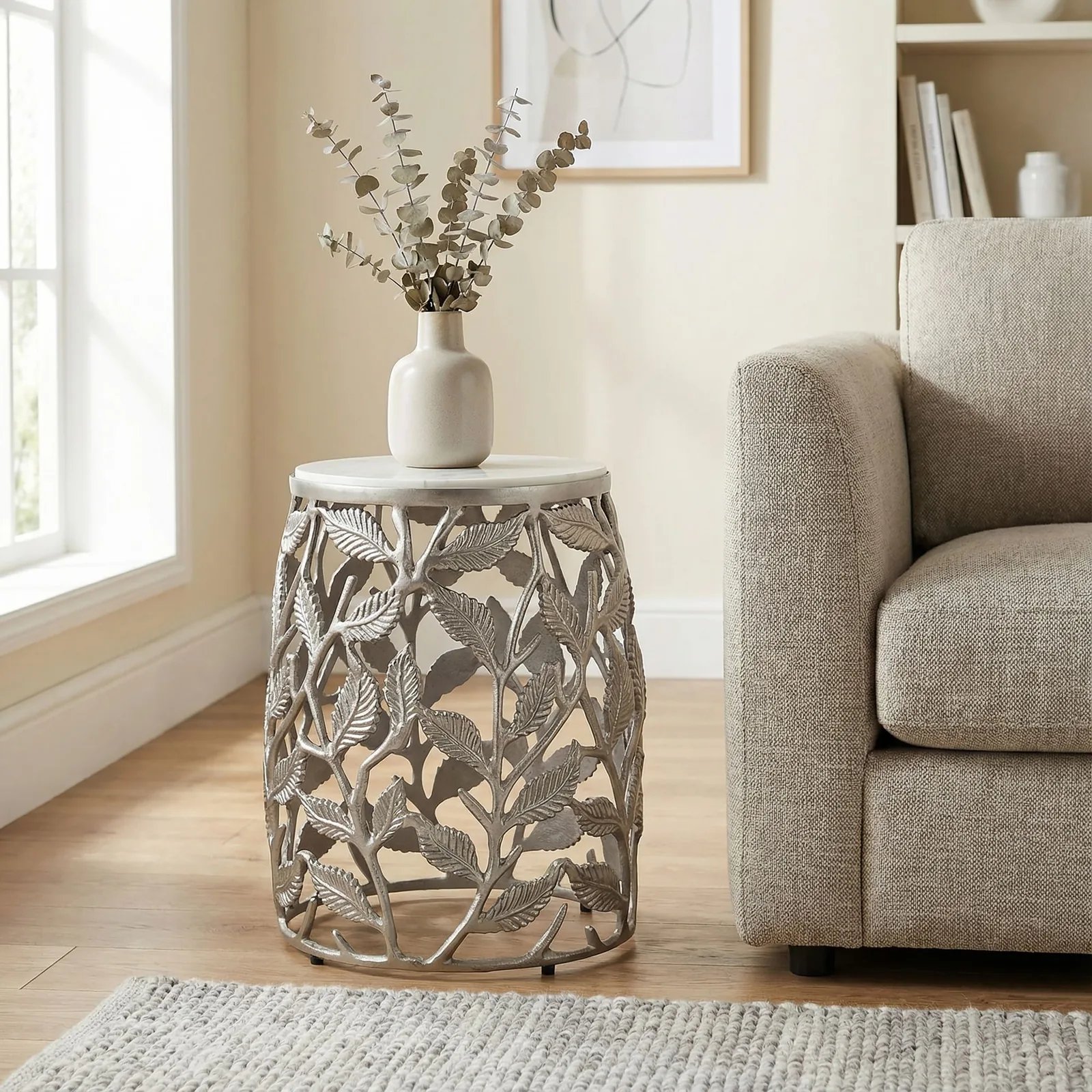 FineBuy Beistelltisch 40cm mit weißer Marmor Tischplatte - Couchtisch klein rund - Sofatisch Alu modern - Wohnzimmertisch Aluminium - Design Tisch Metallgestell Handmade