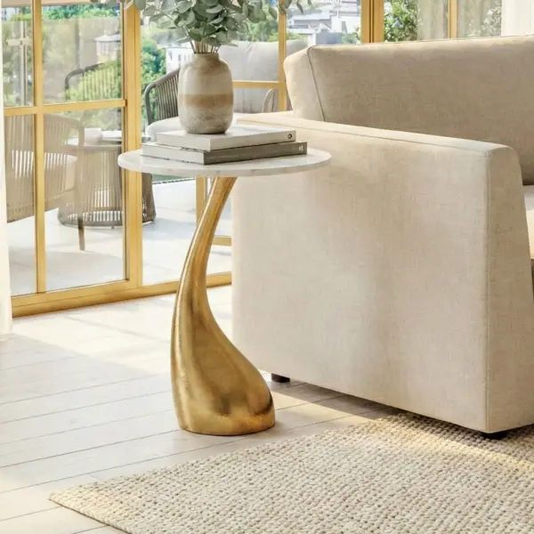 FineBuy Beistelltisch 45cm Gold mit weißer Marmor Tischplatte - Couchtisch klein rund - Sofatisch Alu modern - Wohnzimmertisch Aluminium - Design Tisch Metallgestell hoch Handmade