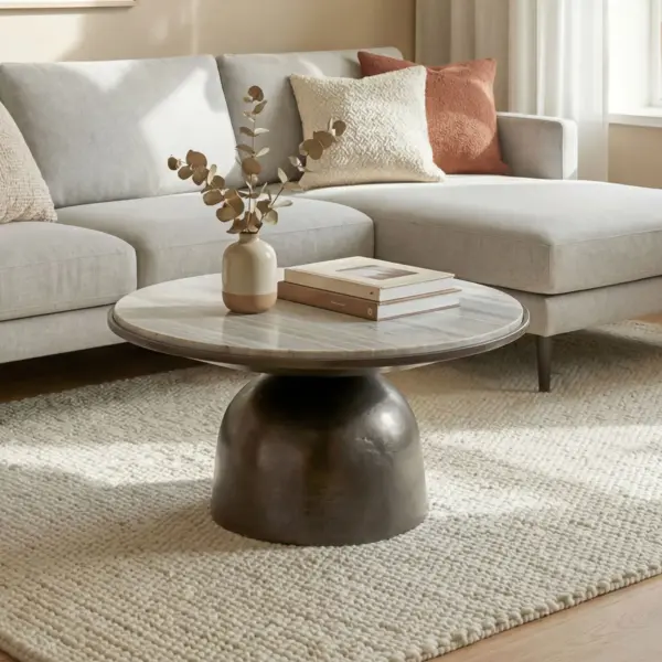 FineBuy Couchtisch 60cm Aluminium mit weißer Marmor Tischplatte - Runder Wohnzimmertisch - Design Sofatisch - Moderner Loungetisch - Edler Beistelltisch Wohnzimmer Handmade