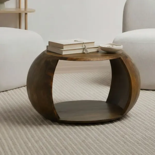 FineBuy Couchtisch Mango Massivholz rund 60 cm x 46 cm x 36 cm - Wohnzimmertisch mit Ablagefach - Handgefertigter Sofatisch aus Echtholz im natürlichen Landhaus Design