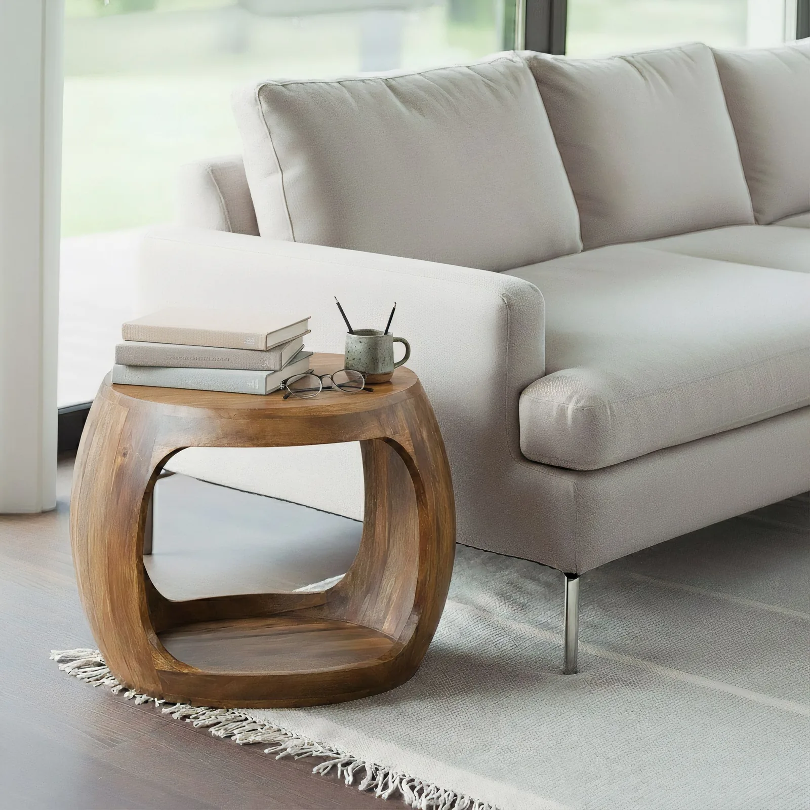 FineBuy Beistelltisch 50cm Mango Massivholz rund mit Ablagefach - Couchtisch Echtholz handgefertigt, Wohnzimmertisch im Naturdesign Handmade