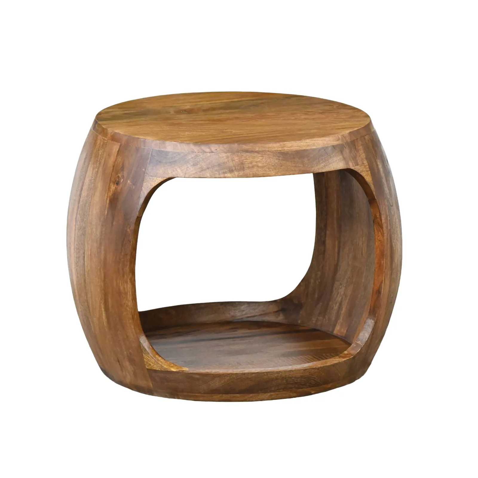 FineBuy Beistelltisch 50cm Mango Massivholz rund mit Ablagefach - Couchtisch Echtholz handgefertigt, Wohnzimmertisch im Naturdesign Handmade