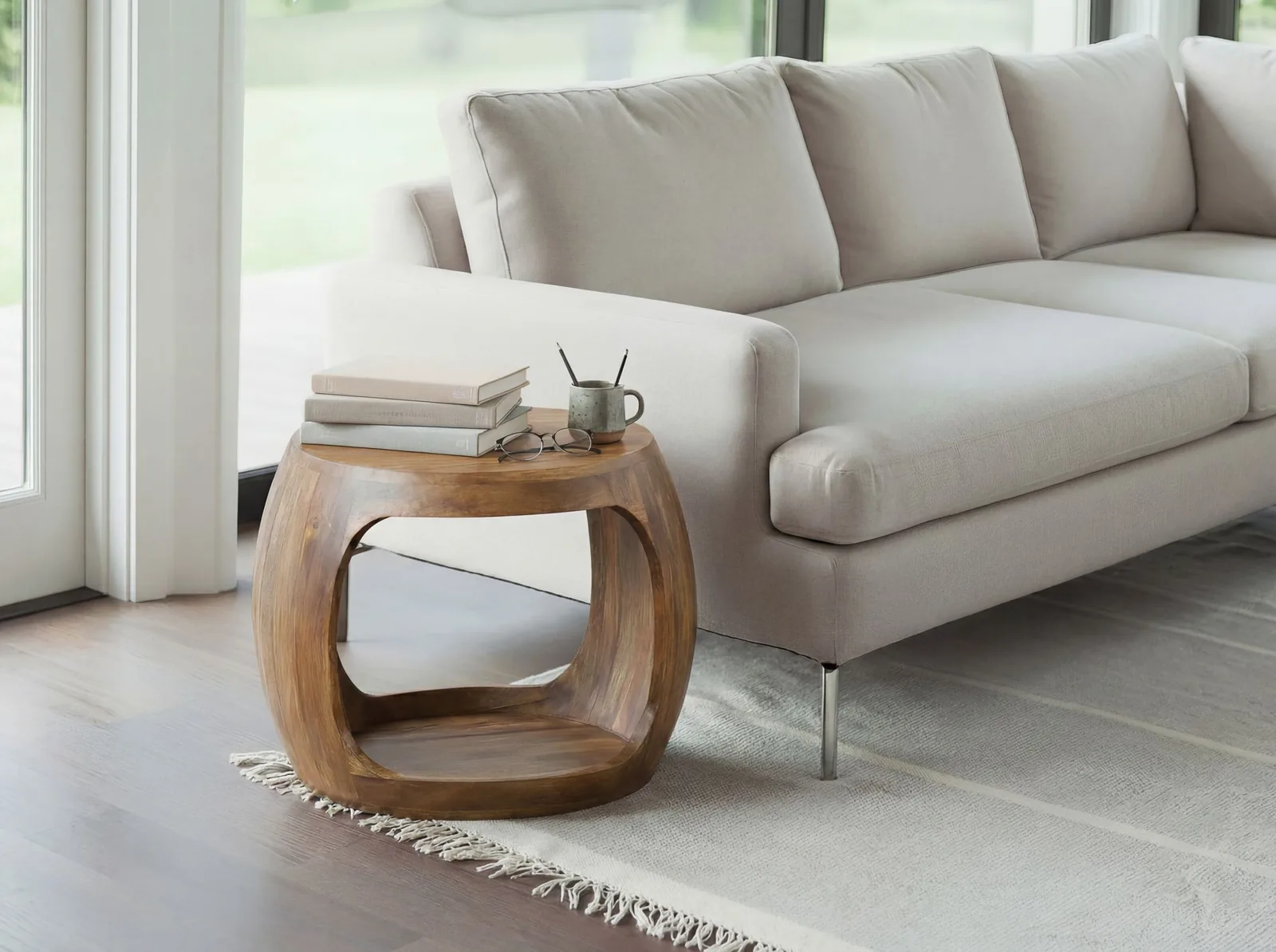 FineBuy Beistelltisch 50cm Mango Massivholz rund mit Ablagefach - Couchtisch Echtholz handgefertigt, Wohnzimmertisch im Naturdesign Handmade