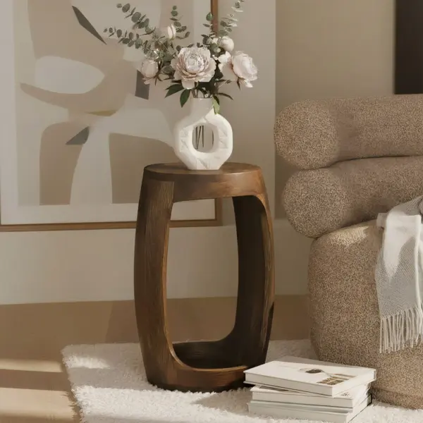 FineBuy Beistelltisch Mango Massivholz rund 30cm - Kleiner Runder Couchtisch mit offenem Fach - Handgefertigter Wohnzimmertisch im modernen Design aus Echtholz