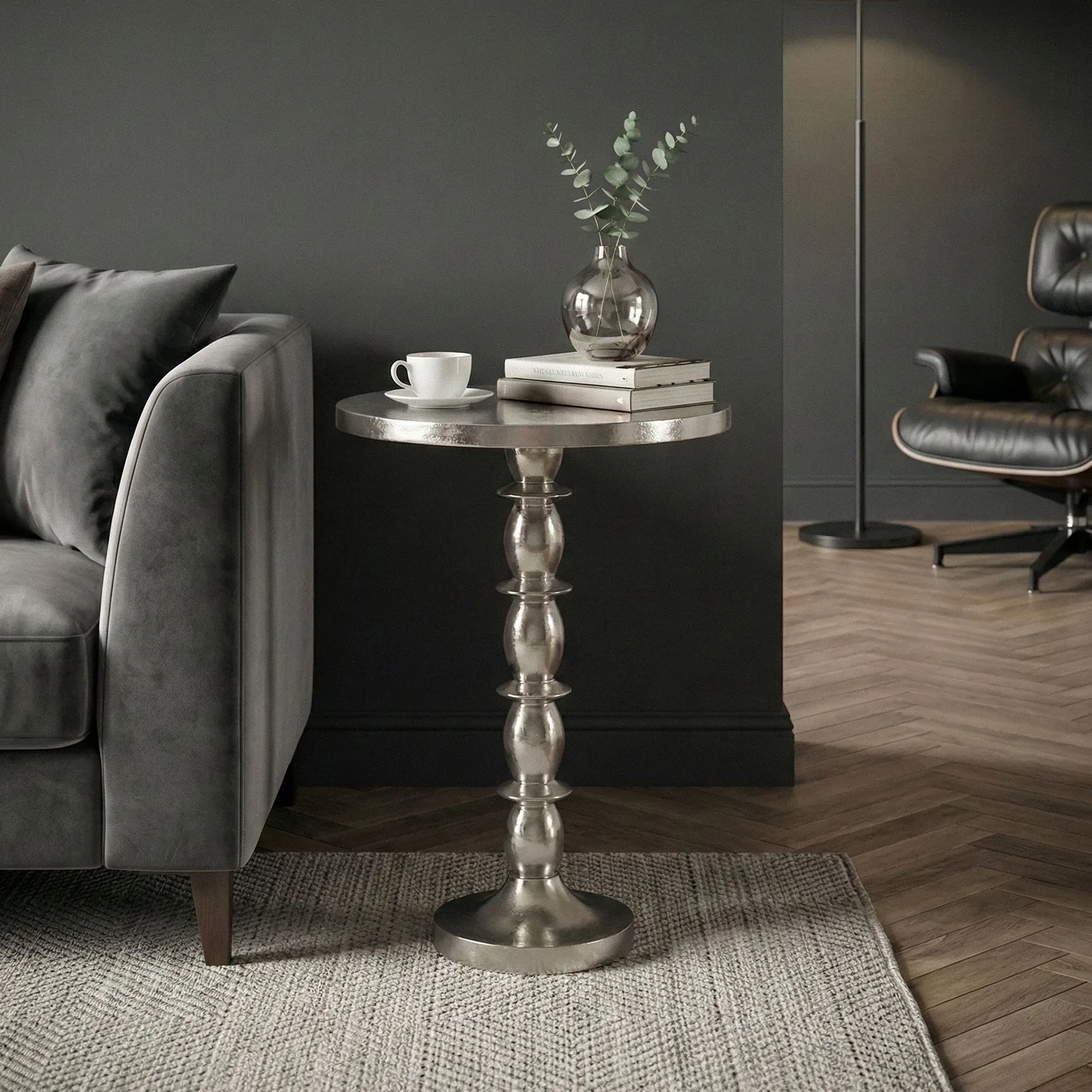 FineBuy Beistelltisch Silber 40cm Aluminium Tisch Rund - Anstelltisch Raw Finish - Design Wohnzimmertisch Dekotisch - Metalltisch Orientalisch Modern - Sofatisch Couchtisch Handmade