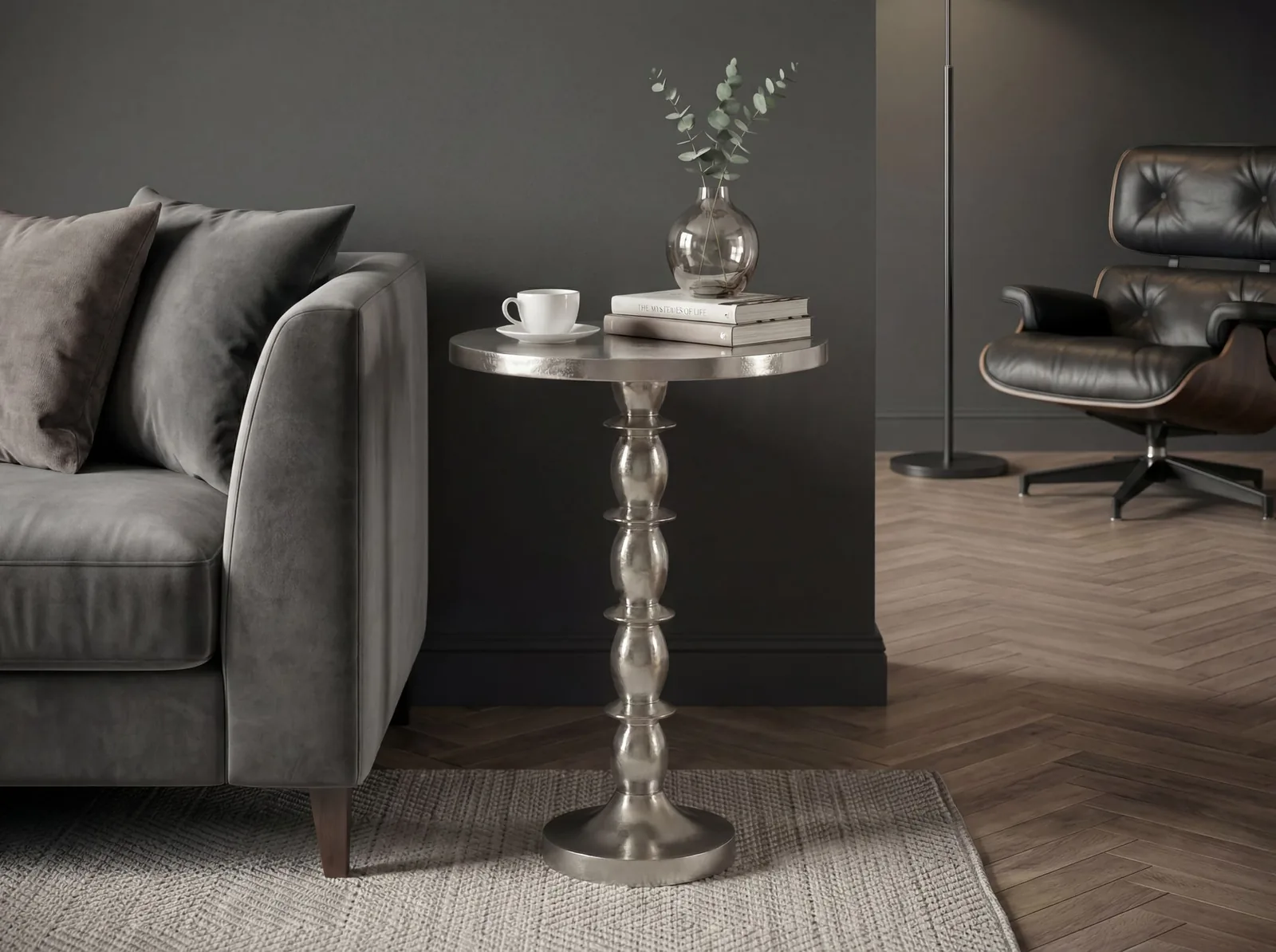 FineBuy Beistelltisch Silber 40cm Aluminium Tisch Rund - Anstelltisch Raw Finish - Design Wohnzimmertisch Dekotisch - Metalltisch Orientalisch Modern - Sofatisch Couchtisch Handmade
