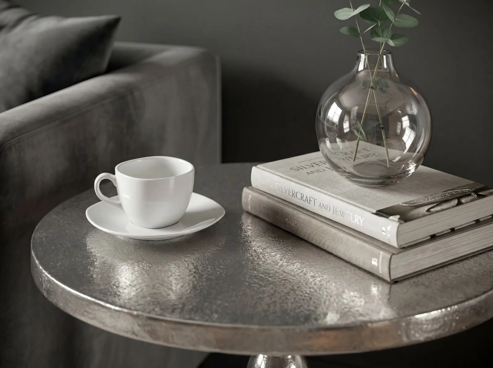 FineBuy Beistelltisch Silber 40cm Aluminium Tisch Rund - Anstelltisch Raw Finish - Design Wohnzimmertisch Dekotisch - Metalltisch Orientalisch Modern - Sofatisch Couchtisch Handmade