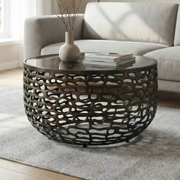 FineBuy Couchtisch Aluminium Glas 60cm Schwarz - Runder Wohnzimmertisch Metall - Design Sofatisch - Moderner Loungetisch Gitteroptik - Beistelltisch Wohnzimmer Handmade