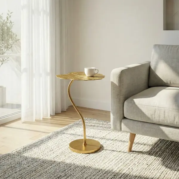 FineBuy Beistelltisch Aluminium Gold 40x38cm - Design Blatt Anstelltisch Wohnzimmertisch - Moderner Loungetisch - Edler Blumentisch Couchtisch Wohnzimmer Handmade
