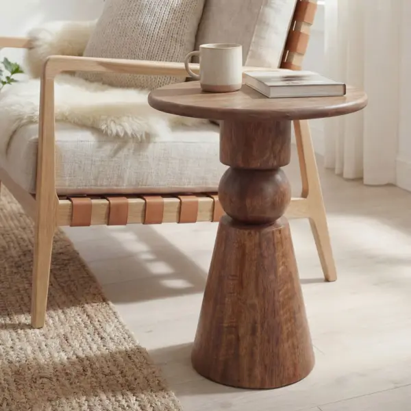 FineBuy Beistelltisch Mango Massivholz Braun 35cm - Design Anstelltisch Holz - Runder Wohnzimmertisch Massiv - Loungetisch Couchtisch Natur Handmade
