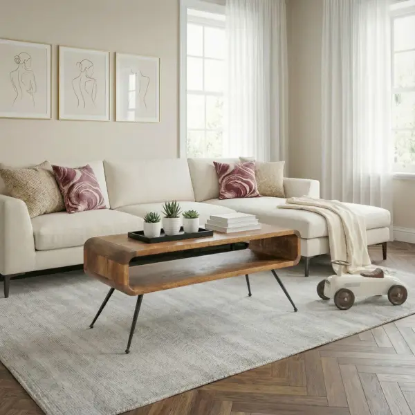 FineBuy Couchtisch Mango Massivholz Metall 105cm - Design Wohnzimmertisch mit Ablagefach - Rechteckiger Sofatisch Retro - Loungetisch Holz - Natur Beistelltisch Handmade