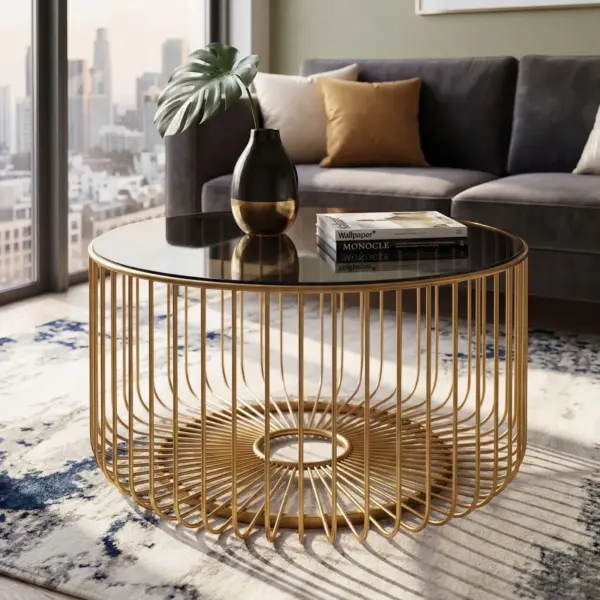 FineBuy Couchtisch Glas Metall 60cm Gold Rund - Moderner Wohnzimmertisch - Design Sofatisch - Loungetisch mit Gittergestell - Runder Beistelltisch Handmade