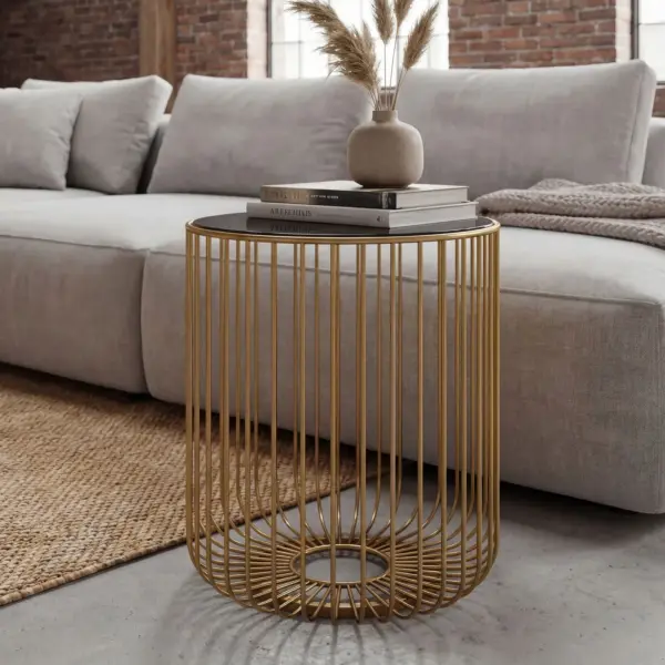 FineBuy Beistelltisch Glas Metall 40cm Gold Rund - Moderner Anstelltisch - Design Sofatisch Couchtisch Drahtkorb - Loungetisch mit Gittergestel - Runder Wohnzimmertisch Klein Handmade