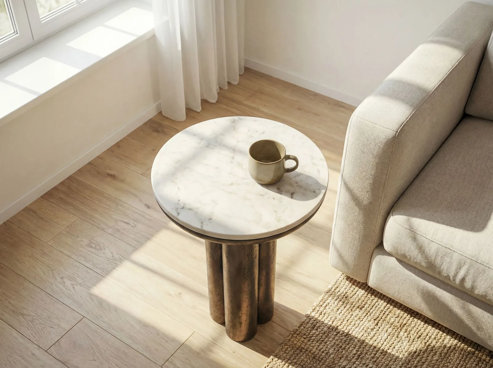 FineBuy Beistelltisch Metall mit weißer Marmor Tischplatte 36cm Rund - Design Anstelltisch Aluminium - Loungetisch Säulenbein - Alu Sofatisch - Couchtisch Wohnzimmertisch Klein Handmade