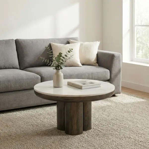 FineBuy Couchtisch Metall mit weißer Marmor Tischplatte 60cm Rund - Design Wohnzimmertisch Aluminium - Alu Loungetisch Säulenbein - Moderner Beistelltisch Sofatisch - Edler Kaffeetisch Handmade