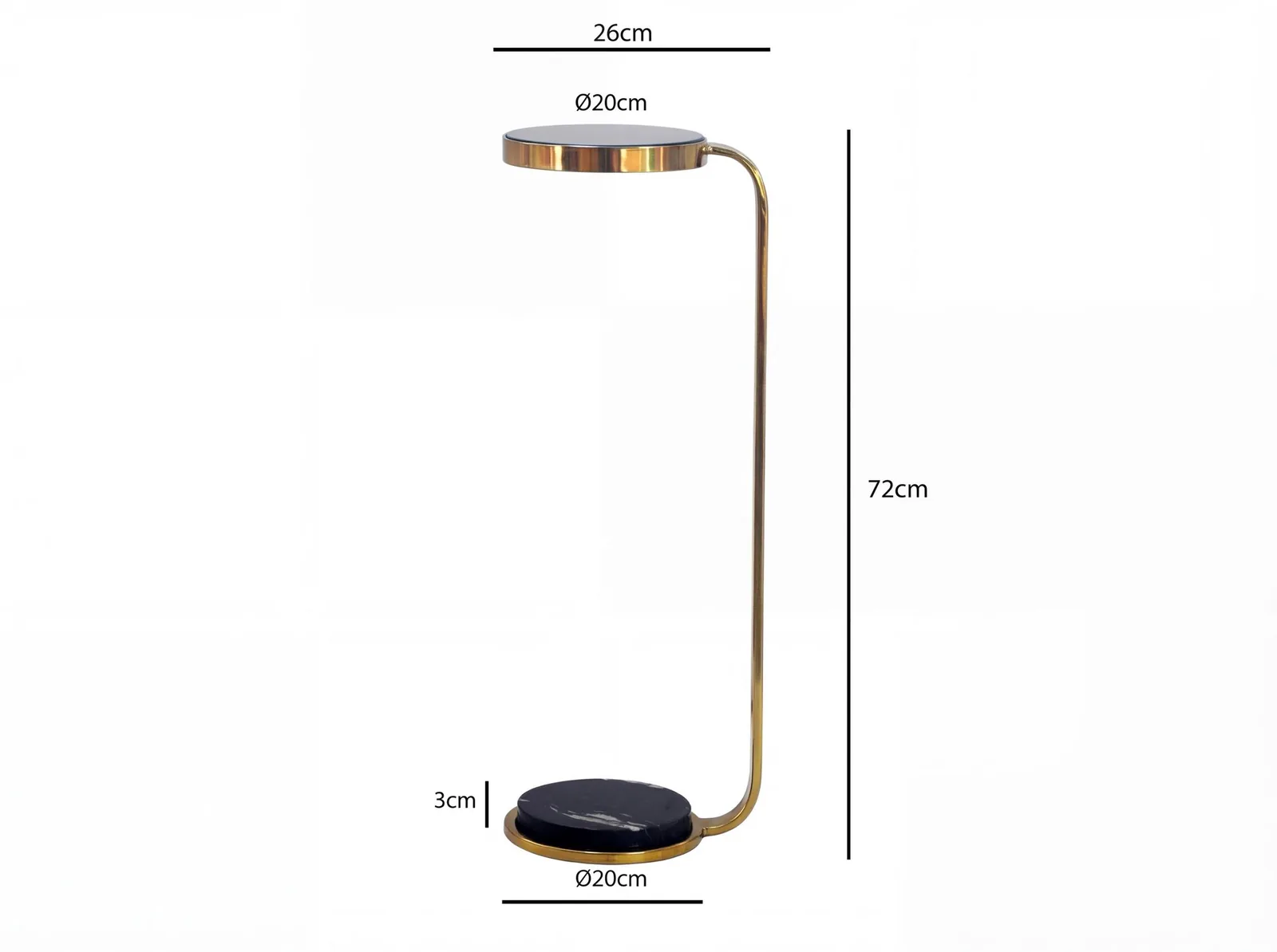 FineBuy Beistelltisch Metall mit schwarzer Marmor Platte 72cm Rund - Design Anstelltisch Glas C-Form - Loungetisch Schmal - Moderner Sofatisch - Wohnzimmertisch Hoch Handmade