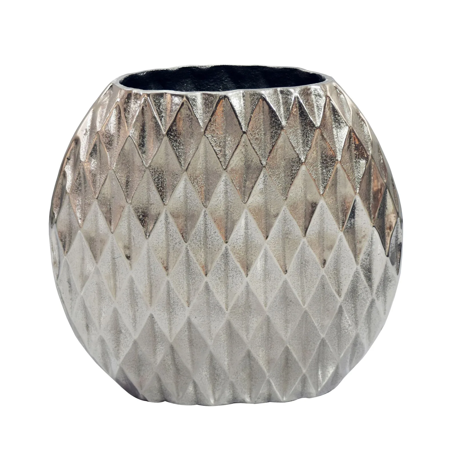 FineBuy Tischvase Aluminium 33,5cm - Dekovase rund mit Rautenmuster - Metall Vase modern - Wohnzimmer Deko Alu - Design Vase flach Tisch Dekoration Handmade